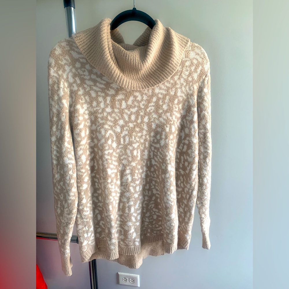 Tan and White Cowl Neck Sweater with Animal Print
